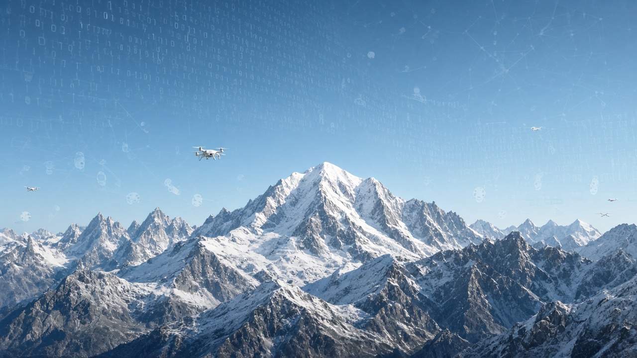 Mont Blanc, umgeben von einem dezenten digitalen Muster aus Nullen, Einsen und Drohnen