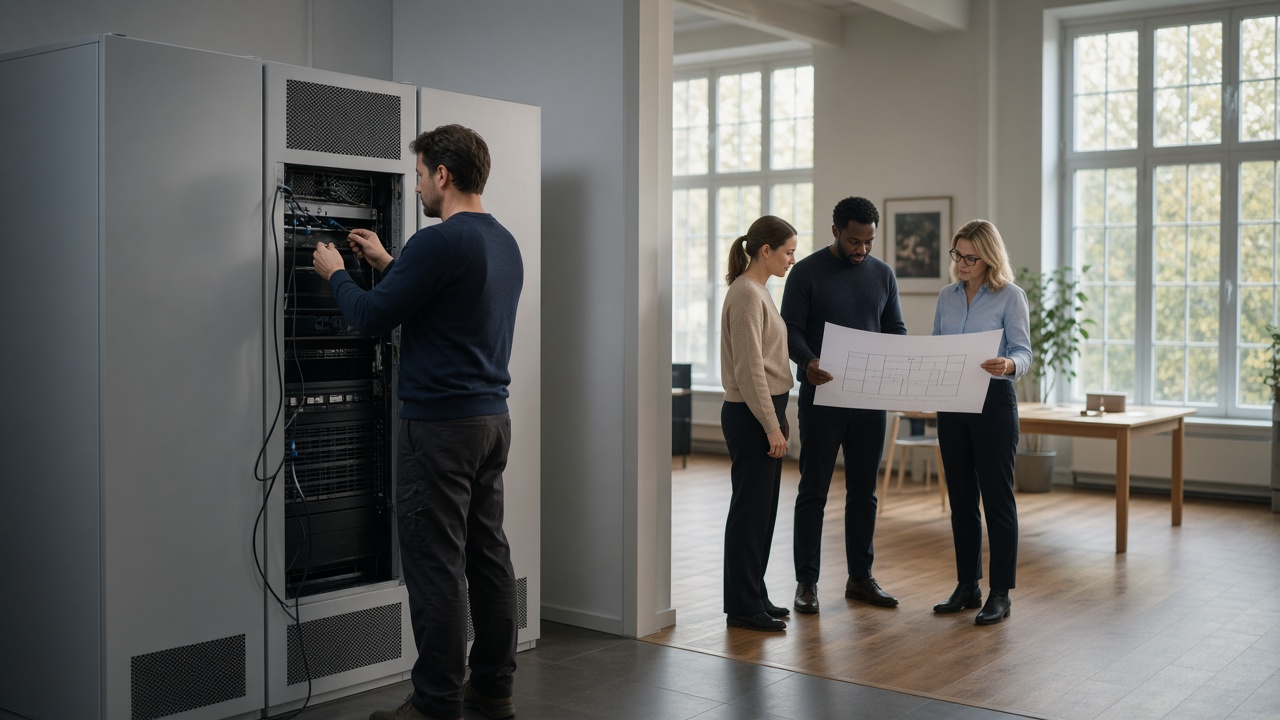 Ein Techniker an einem Serverschrank, daneben drei Personen mit einem Plan