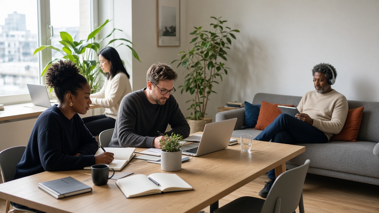 Vier Menschen arbeiten in einem hellen Büro, am Tisch und auf dem Sofa