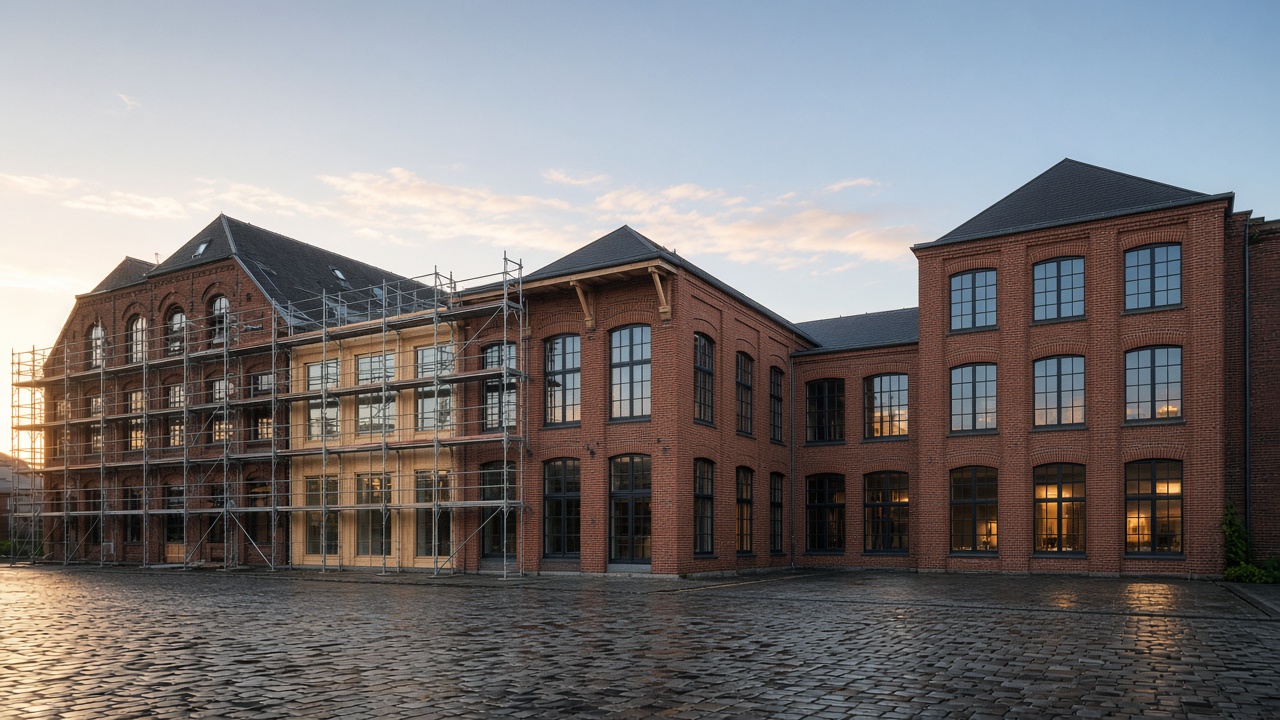 Backsteingebäude im Morgenlicht, ein Flügel eingerüstet, der andere bereits erneuert